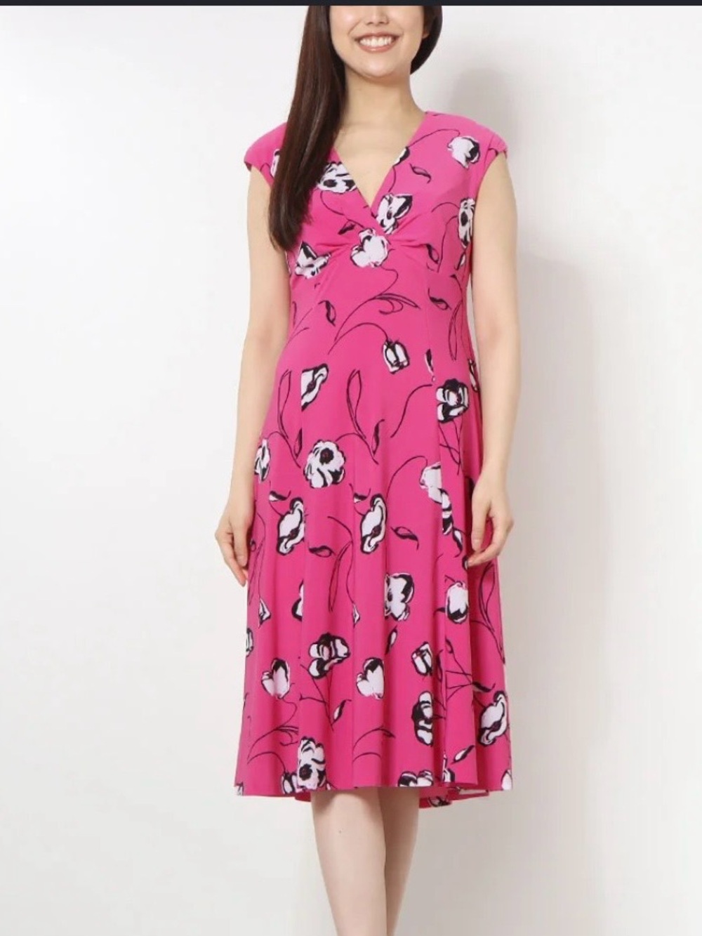 Evan Picone Vibrant Pink Dress with Black & White Floral Detail